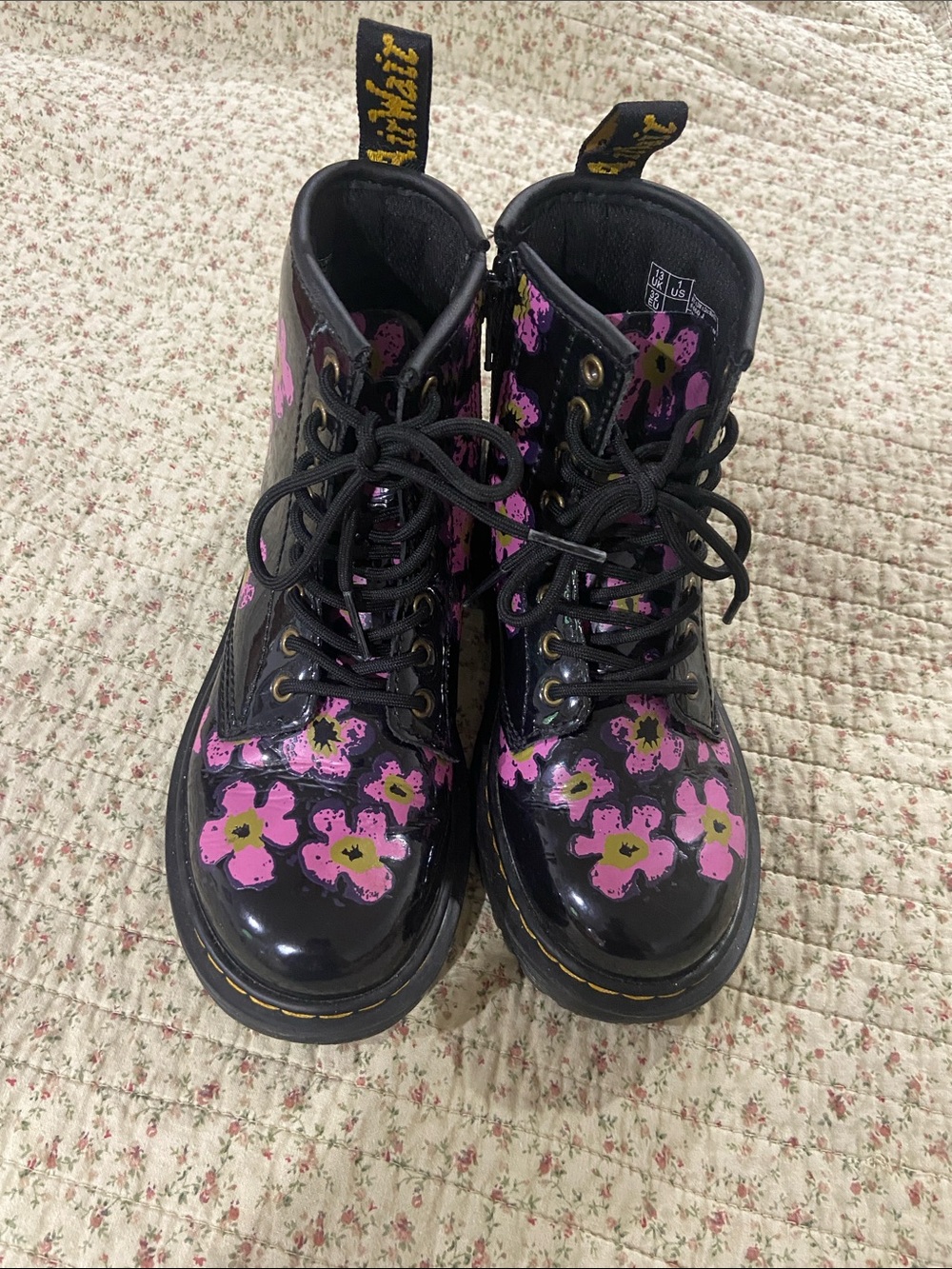 Dr. Martens Black Patent Floral Lace-Up Boots with Pink Flowers
